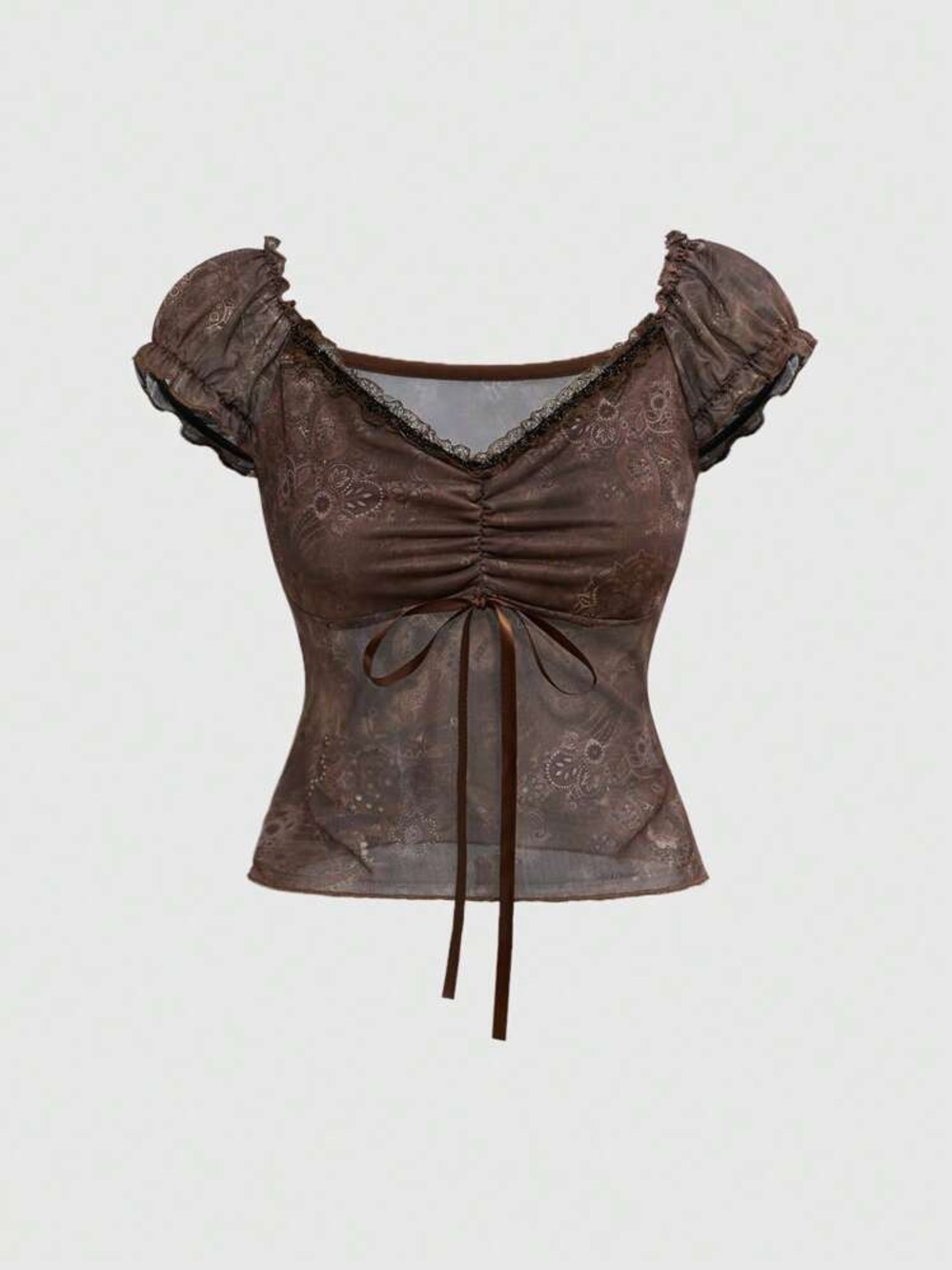 Brown Ruched Crop Top with Bow